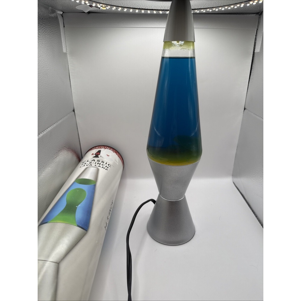 Retro Style Lava Lamp Blue And Yellow, Chrome Color Base 14.5 Inches Tall